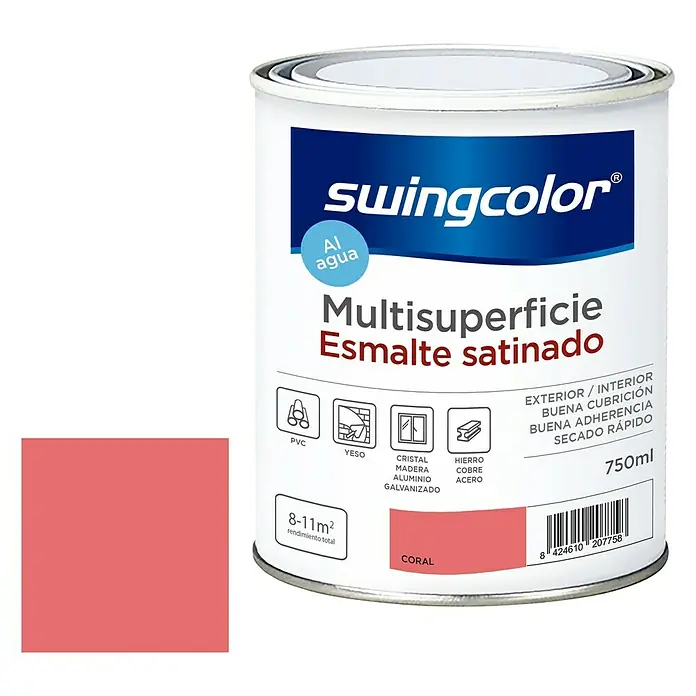swingcolor Esmalte de color Multisuperficie - Coral, Satinado, 750 ml - Bote de esmalte satinado multi superficie Swingcolor en color Coral, apto para PVC, yeso, vidrio, madera, aluminio, hierro, cobre y acero para uso interior/exterior.