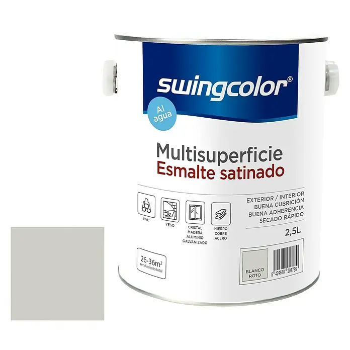 swingcolor Esmalte de color Multisuperficie - Blanco roto, Satinado, 2,5 l - Imagen de una lata de 2,5L de esmalte satinado multi-superficie Swingcolor en blanco roto, apto para diversos materiales, interior/exterior.
