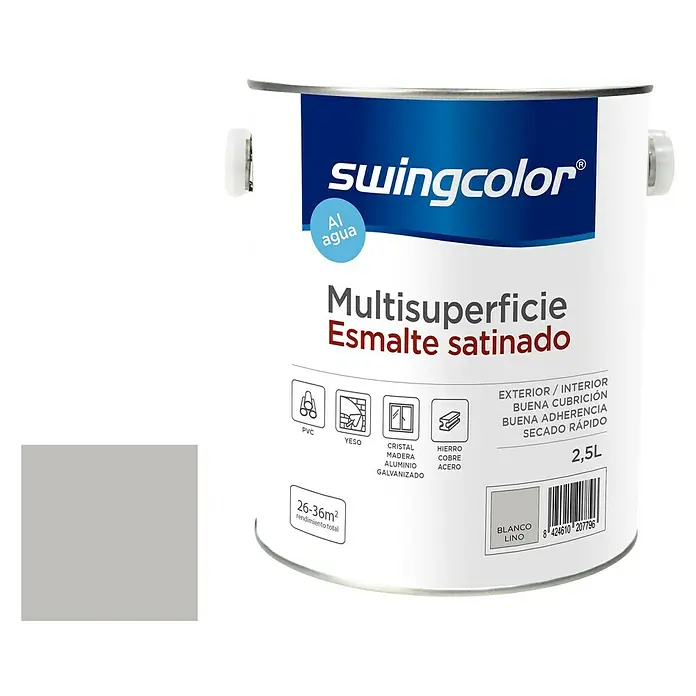 swingcolor Esmalte de color Multisuperficie - Blanco lino, Satinado, 2,5 l - Imagen de una lata de pintura de esmalte Swingcolor Multisuperficie, una pintura de alta calidad para diversas superficies interiores y exteriores.