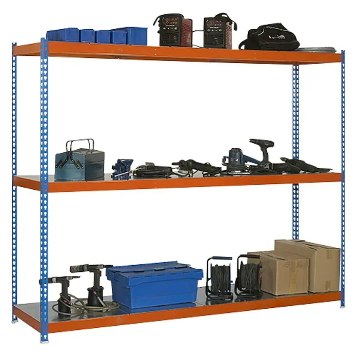 Simonrack Simonforte Schwerlastregal Simonforte Metall - H x B x T: 200 x 150 x 75 cm, Traglast pro Boden: 600 kg, Anzahl Böden: 3 Stk., Stecken, Blau/Orange/Silber - Dreistufiges Metallregal mit blauen Rahmen und orangefarbenen Regalböden, gefüllt mit verschiedenen Werkzeugen und Ausrüstungsgegenständen.