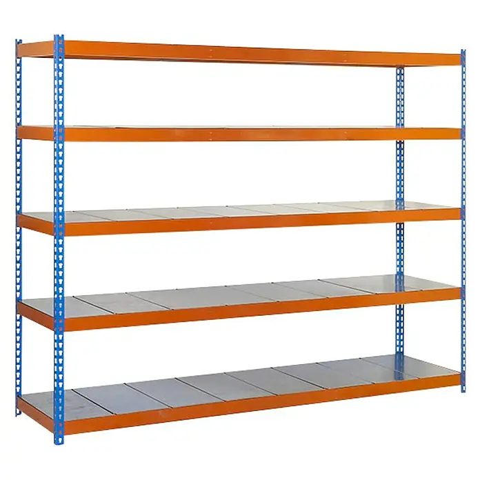 Simonrack Simonforte Estantería para cargas pesadas Metal - Al x An x Pr: 200 x 210 x 45 cm, Capacidad de carga por balda: 500 kg, Número de baldas: 5 ud., Inserción, Azul/Naranja - Estantería con cinco niveles. La robusta estantería de almacenamiento tiene una estructura de marco naranja y soportes de esquina azules.