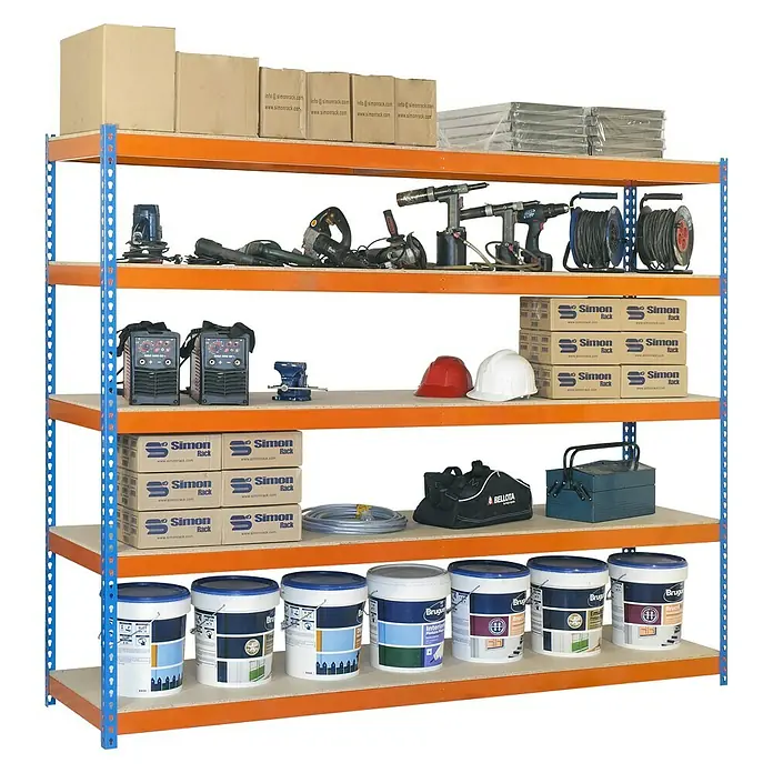 Simonrack Simonforte Schwerlastregal Simonforte Chipboard - H x B x T: 200 x 180 x 60 cm, Traglast pro Boden: 600 kg, Anzahl Böden: 5 Stk., Stecken, Blau/Orange - Ein Regal voller Werkzeuge, Boxen, Maschinen und Farbbehälter. Praktische Aufbewahrung für Werkstatt und Lager.