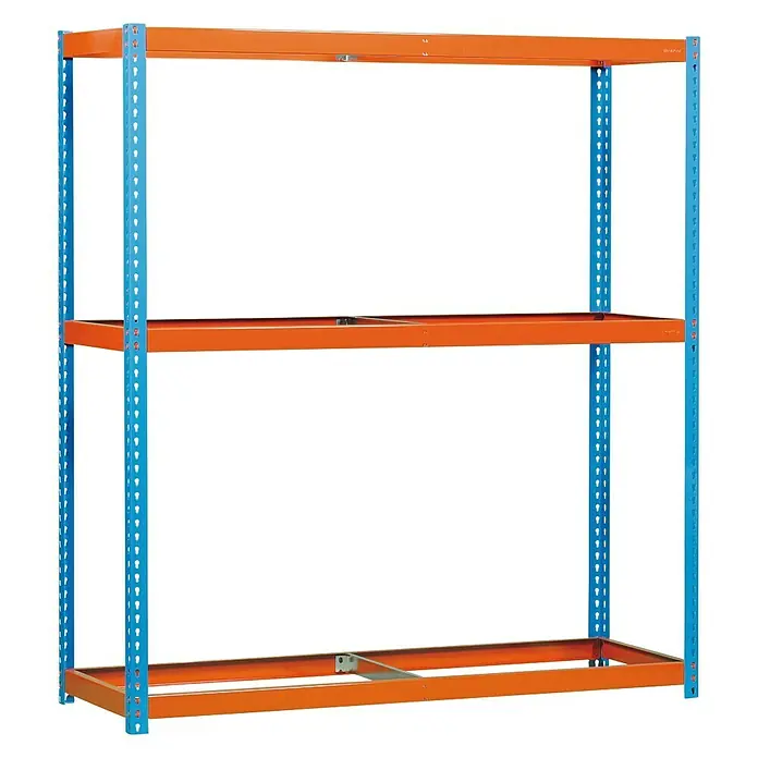 Simonrack Simonforte Estantería para cargas pesadas - Al x An x Pr: 200 x 150 x 45 cm, Número de baldas: 3 ud., Inserción, Azul/Naranja, Capacidad de carga por balda: 600 kg - Esta imagen muestra una estantería de tres niveles. Los postes son azules y las estanterías son naranjas. La estantería está sobre un fondo negro.