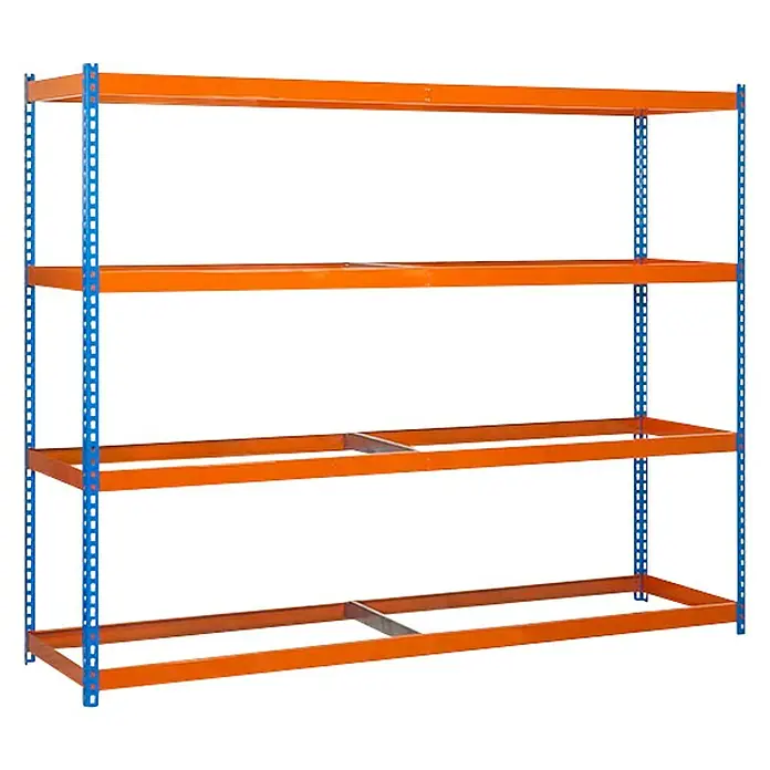 Simonrack Simonforte Estantería para cargas pesadas - Al x An x Pr: 200 x 180 x 75 cm, Número de baldas: 4 ud., Inserción, Azul/Naranja, Capacidad de carga por balda: 600 kg - Un estante de almacén vacío azul y naranja con cuatro estantes, ideal para guardar mercancías y productos.