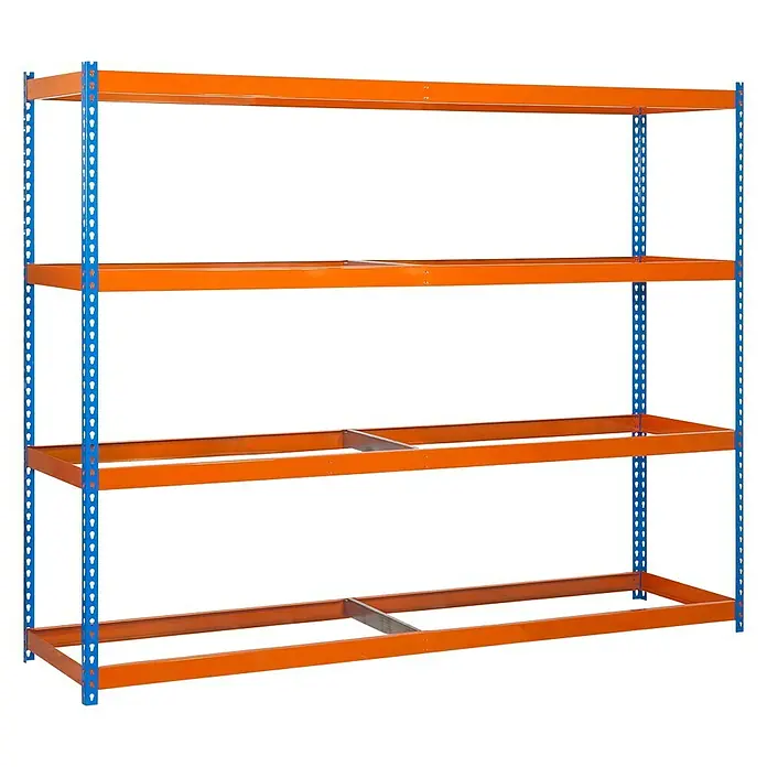 Simonrack Simonforte Estantería para cargas pesadas - Al x An x Pr: 200 x 180 x 45 cm, Número de baldas: 4 ud., Inserción, Azul/Naranja, Capacidad de carga por balda: 600 kg - Imagen de una estantería metálica naranja y azul con cuatro estantes. Ideal para almacén o taller, ofreciendo soluciones de almacenamiento robustas.