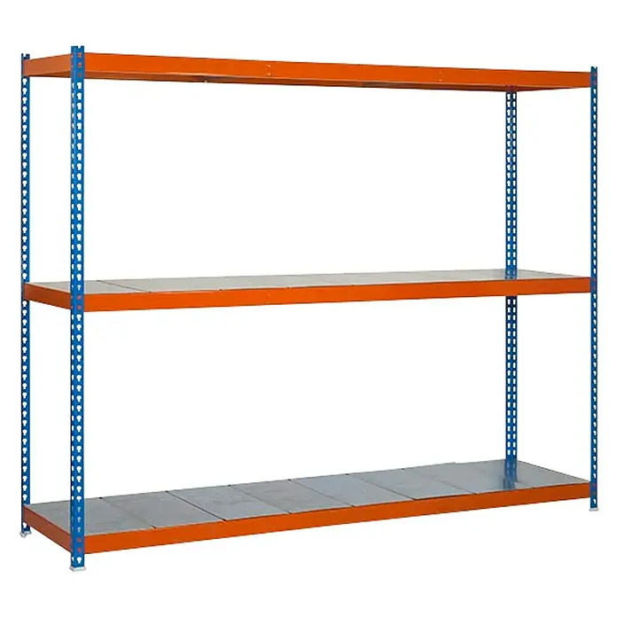 Simonrack Simonforte Estantería para cargas pesadas Metal - Al x An x Pr: 200 x 210 x 75 cm, Capacidad de carga por balda: 500 kg, Número de baldas: 3 ud., Inserción, Azul/Naranja - Una estantería para palets robusta con tres niveles, perfecta para el almacenamiento y la organización en entornos industriales y comerciales.