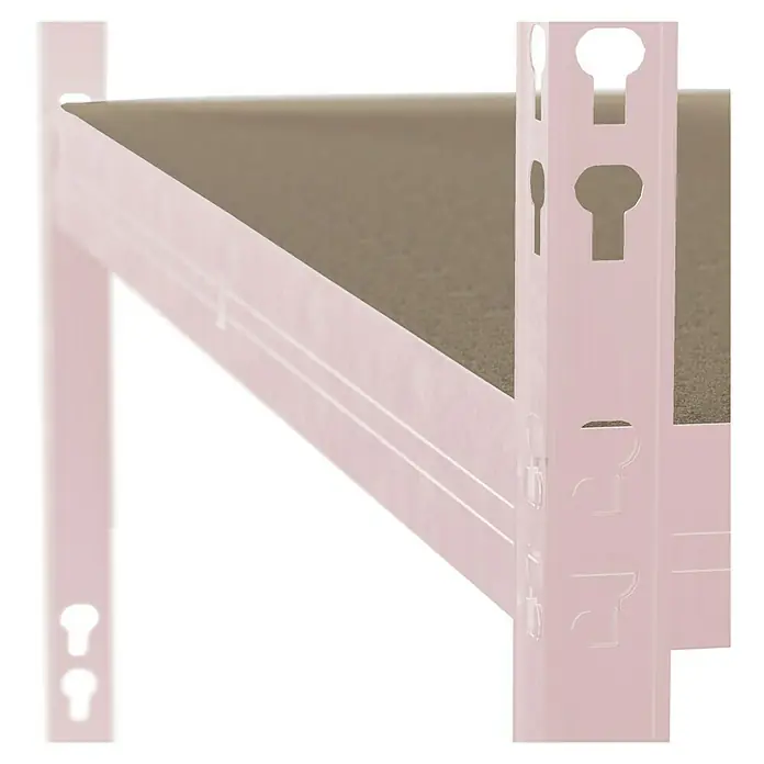 Regalux Metallregal - H x B x T: 180 x 90 x 40 cm, Traglast pro Boden: 175 kg, Anzahl Böden: 5 Stk., Rosa, Stecken - Nahaufnahme eines Regals mit hellrosa Gestell und hellbraunen Regalböden, das eine praktische Aufbewahrungslösung bietet.