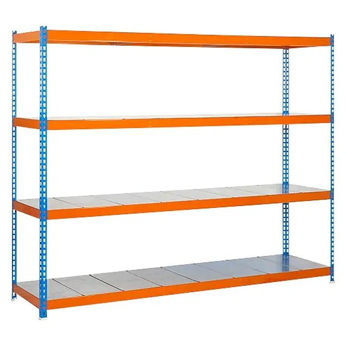 Simonrack Simonforte Estantería para cargas pesadas Metal - Al x An x Pr: 200 x 210 x 45 cm, Capacidad de carga por balda: 500 kg, Número de baldas: 4 ud., Inserción, Azul/Naranja - Imagen de una estantería con cuatro estantes y marcos azul-naranja. La estantería se muestra sobre un fondo negro.