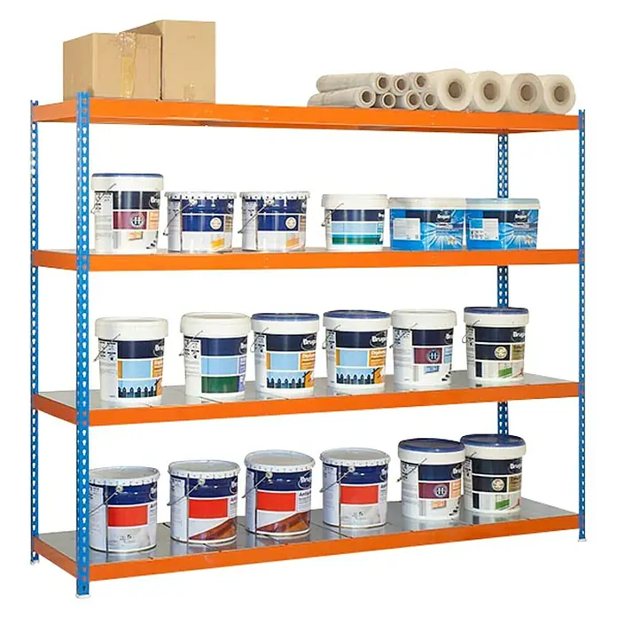 Simonrack Simonforte Estantería para cargas pesadas Metal - Al x An x Pr: 200 x 210 x 45 cm, Capacidad de carga por balda: 500 kg, Número de baldas: 4 ud., Inserción, Azul/Naranja - Estantería con cubos de pintura, cajas de cartón y rollos.