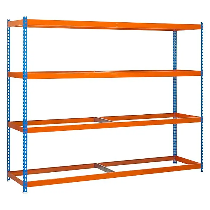 Simonrack Simonforte Estantería para cargas pesadas - Al x An x Pr: 200 x 210 x 60 cm, Número de baldas: 4 ud., Inserción, Azul/Naranja, Capacidad de carga por balda: 600 kg - La imagen muestra una estantería industrial vacía de cuatro niveles, con montantes pintados de azul y travesaños naranjas.