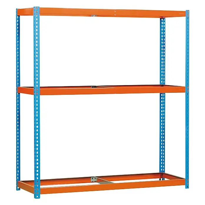Simonrack Simonforte Estantería para cargas pesadas Chipboard - Al x An x Pr: 200 x 210 x 75 cm, Capacidad de carga por balda: 400 kg, Número de baldas: 3 ud., Inserción, Azul/Naranja - La imagen muestra una estantería resistente de tres niveles con marco azul y estantes naranjas. Ideal para almacenamiento y organización.