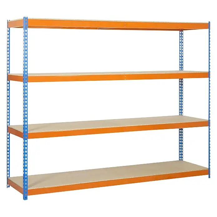 Simonrack Simonforte Estantería para cargas pesadas Chipboard - Al x An x Pr: 200 x 150 x 75 cm, Capacidad de carga por balda: 600 kg, Número de baldas: 4 ud., Inserción, Azul/Naranja - Estantería metálica con cuatro estantes. Tiene montantes azules y soportes horizontales naranjas, ideal para almacenamiento y organización.