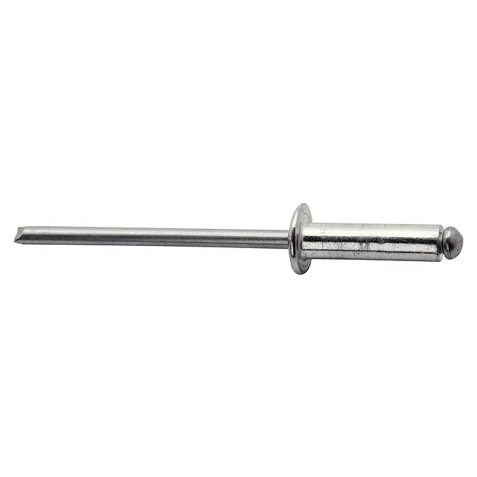 Rapid Blindniete - 300 Stk., Nietdurchmesser: 4,8 mm, Nietlänge: 16 mm - Nahaufnahme einer silbernen Blindniete. Das Befestigungselement ist auf einem schwarzen Hintergrund gut sichtbar und detailliert dargestellt.