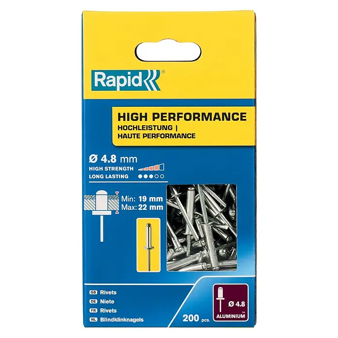 Rapid Blindniete - Nietdurchmesser: 4,8 mm, Nietlänge: 25 mm, 200 Stk. - Bild einer Packung Rapid Blindnieten aus Aluminium, Ø 4,8 mm, mit hoher Festigkeit und langer Lebensdauer.
