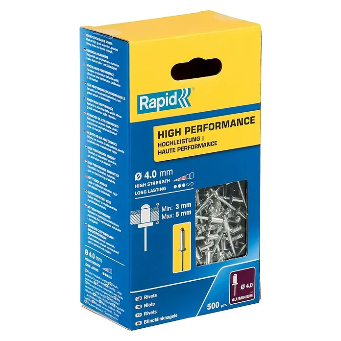 Rapid Remache - 500 ud., Diámetro de remache: 4 mm, Longitud de remache: 8 mm - Bote de remaches de aluminio de alto rendimiento Rapid de 4,0 mm de diámetro para alta resistencia y larga duración.