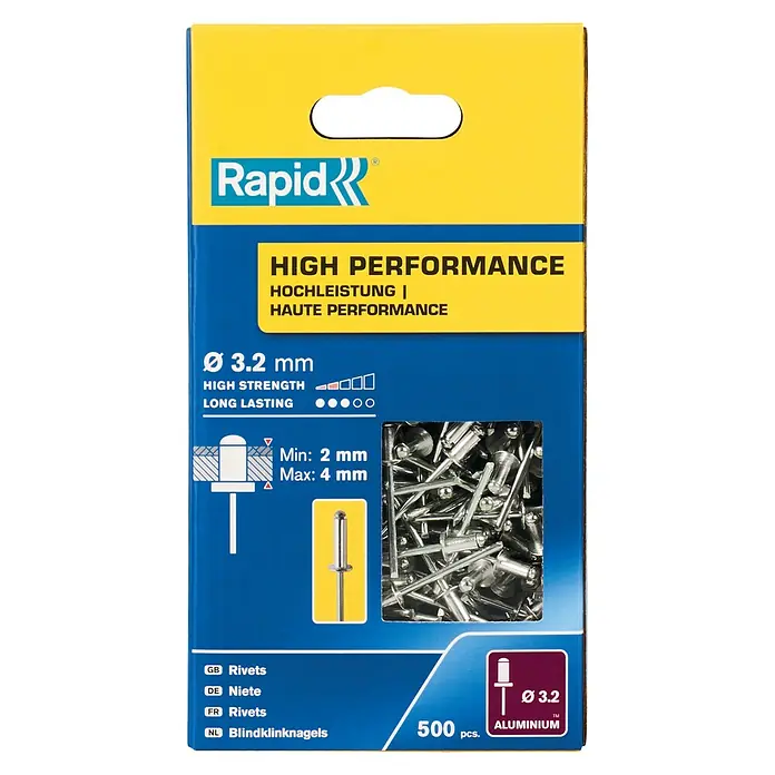 Rapid Blindniete - 500 Stk., Nietdurchmesser: 3,2 mm, Nietlänge: 8 mm - Verpackung Rapid Blindnieten Ø 3.2 mm, Aluminium, 500 Stück, für hochfeste und dauerhafte Verbindungen, ideal für verschiedene Anwendungen.