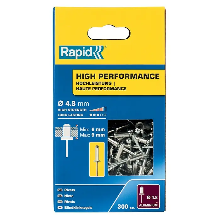 Rapid Blindniete - 300 Stk., Nietdurchmesser: 4,8 mm, Nietlänge: 12 mm - Verpackung von Rapid Blindnieten, 4.8mm Durchmesser, aus Aluminium, 300 Stück, für Hochleistungsanwendungen und lange Lebensdauer.
