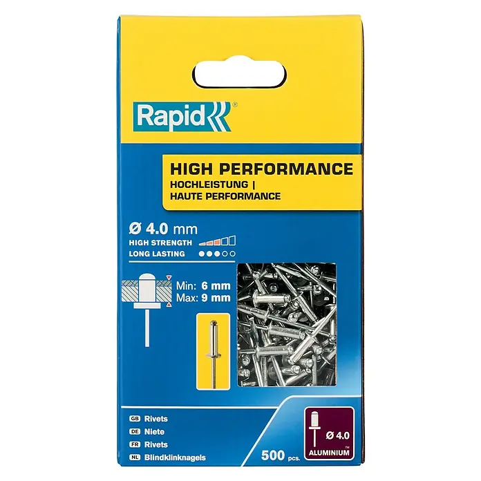 Rapid Blindniete - 500 Stk., Nietdurchmesser: 4 mm, Nietlänge: 12 mm - Bild einer Packung Rapid Blindnieten Ø 4.0 mm aus Aluminium, die für hohe Leistung und lange Lebensdauer ausgelegt sind.