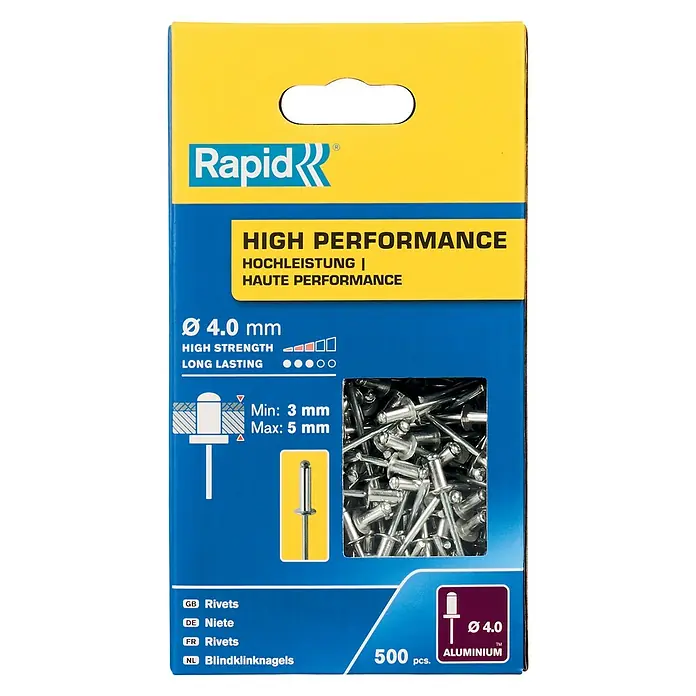 Rapid Blindniete - 500 Stk., Nietdurchmesser: 4 mm, Nietlänge: 8 mm - Eine Packung Rapid Blindnieten aus Aluminium, Durchmesser 4.0 mm, 500 Stück, für hochfeste und langlebige Verbindungen.