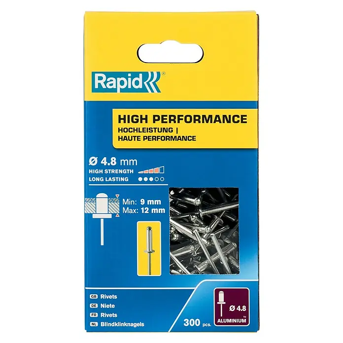 Rapid Blindniete - 300 Stk., Nietdurchmesser: 4,8 mm, Nietlänge: 16 mm - Verpackung mit 300 Rapid High Performance Nieten, Durchmesser 4.8 mm, aus Aluminium, für hochfeste und dauerhafte Verbindungen.