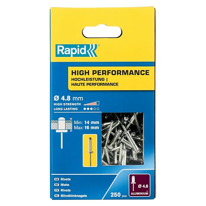 Rapid Blindniete - 250 Stk., Nietdurchmesser: 4,8 mm, Nietlänge: 20 mm - Das Bild zeigt eine Packung Rapid Blindnieten mit einem Durchmesser von 4,8 mm, hergestellt aus Aluminium und geeignet für hochfeste Anwendungen.