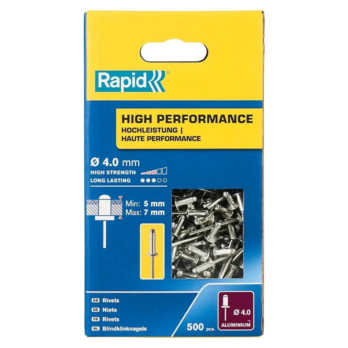 Rapid Remache - 500 ud., Diámetro de remache: 4 mm, Longitud de remache: 10 mm - Imagen de un paquete de remaches ciegos Rapid, Ø 4,0 mm, de aluminio, ideal para aplicaciones de alta resistencia y durabilidad.
