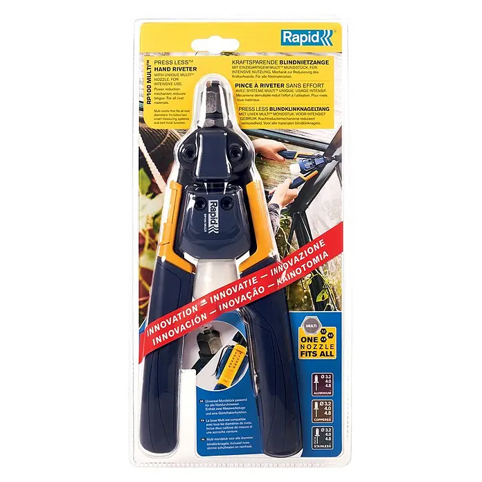 Rapid Remachadora RP100 Multi™ - Específico para: Remaches ciegos de 3,2 a 4,8 mm - La remachadora manual Rapid RP100 Multi con boquilla multi única para uso intensivo y diversos materiales de remaches.