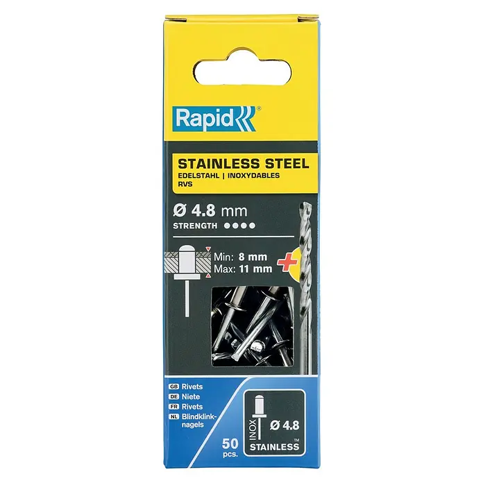 Rapid Blindniete - Nietdurchmesser: 4,8 mm, Nietlänge: 14 mm, 50 Stk. - Eine Packung Rapid Edelstahl Blindnieten mit einem Durchmesser von 4,8 mm und einer Stärke für Materialien zwischen 8 mm und 11 mm.
