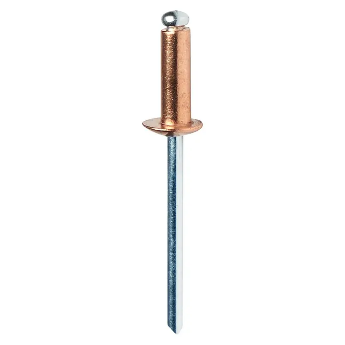 Rapid Blindniete Verkupfert - Nietlänge: 12 mm, Nietdurchmesser: 4,8 mm, 50 Stk. - Nahaufnahme einer Popniete mit Kupferkopf und silbernem Schaft. Befestigungselement für dauerhafte Verbindungen.