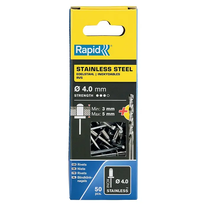 Rapid Blindniete - Nietdurchmesser: 4 mm, Nietlänge: 8 mm, 50 Stk. - Abbildung einer Verpackung Rapid Edelstahl Blindnieten, 4.0 mm Durchmesser, 50 Stück, geeignet für 3-5 mm Materialstärke, mit Bohrer.