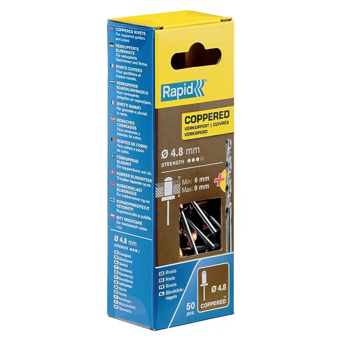 Rapid Remache - Longitud de remache: 12 mm, Diámetro de remache: 4,8 mm, 50 ud., Cobre - Envase de remaches de cobre Rapid, diámetro 4,8 mm, para canalones y tuberías de cobre. Contiene 50 unidades.
