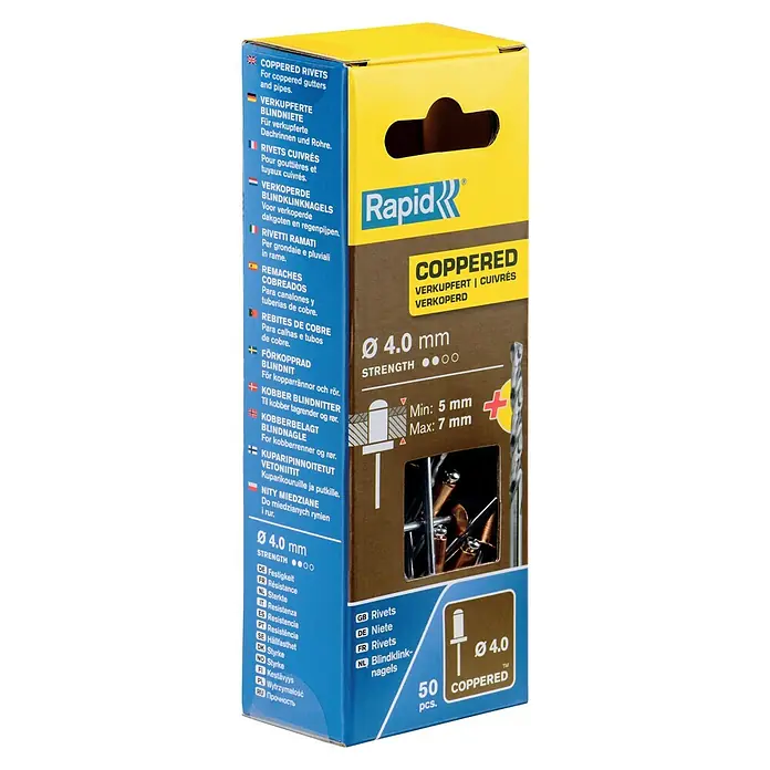 Rapid Remache - Longitud de remache: 10 mm, Diámetro de remache: 4 mm, 50 ud., Cobre - Imagen de remaches cobreados Rapid, ideal para canalones y tuberías, diámetro 4.0 mm, paquete de 50 unidades.