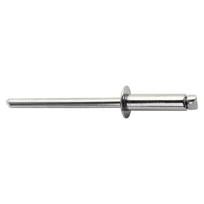 Rapid Blindniete - Nietdurchmesser: 4,8 mm, Nietlänge: 14 mm, 50 Stk. - Bild einer silberfarbenen Blindniete. Die Niete besteht aus einem Schaft, einem Flansch und einem Dorn. Zum Verbinden von Materialien verwendet.