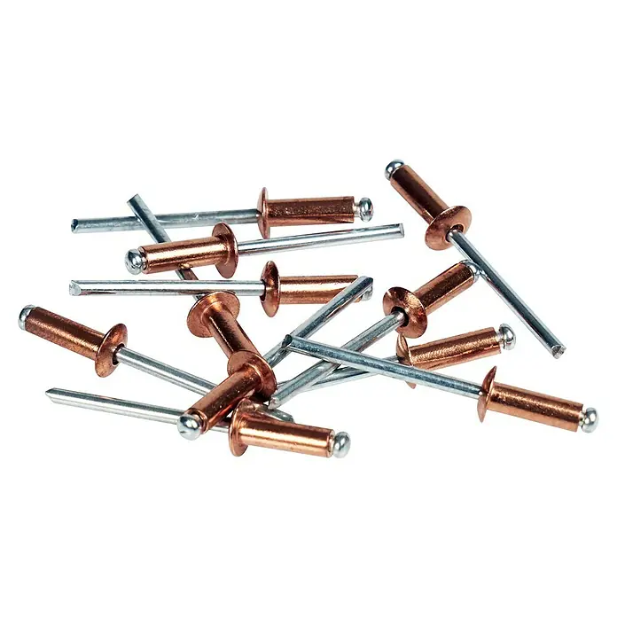 Rapid Blindniete Verkupfert - Nietlänge: 12 mm, Nietdurchmesser: 4,8 mm, 50 Stk. - Nahaufnahme von verschiedenen Kupfernieten mit Metallschaft. Ideal für Bau- und Reparaturprojekte, bieten sie eine sichere und dauerhafte Verbindung.
