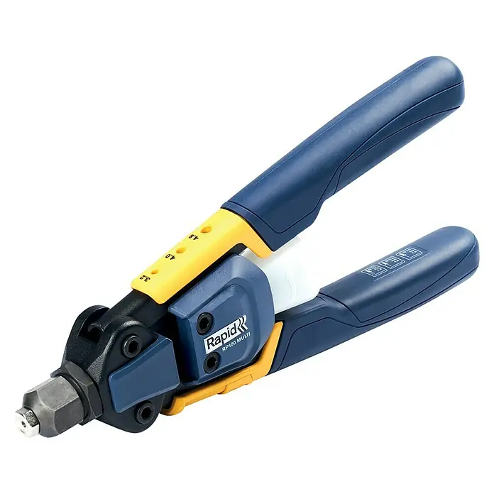 Rapid Blindnietzange RP100 Multi - Passend für: Blindniete von 3,2 bis 4,8 mm - Das Bild zeigt eine Rapid RP100 Multi Nietzange in blau und gelb vor einem schwarzen Hintergrund.
