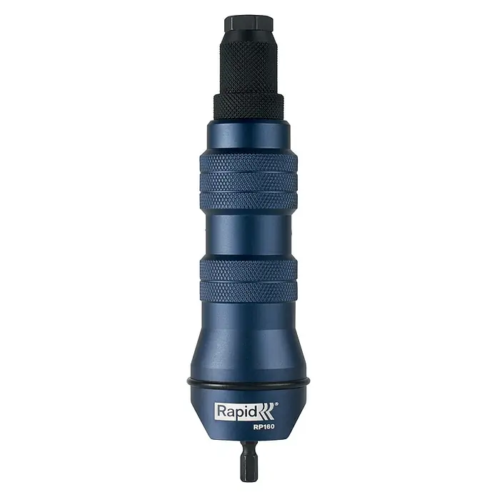 Rapid Nietmutter-Adapter RP160 - Geeignet für: Akkuschrauber/Bohrmaschinen - Nahaufnahme des Rapid RP160 Einschlagschraubendrehers, einem Werkzeug für präzise Schraubarbeiten. Ideal für Handwerker und Heimwerker.