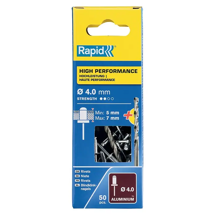 Rapid Blindniete ALU - Nietdurchmesser: 4 mm, Nietlänge: 10 mm, 50 Stk. - Eine Packung Rapid Hochleistungs-Blindnieten, 4.0 mm Durchmesser, aus Aluminium, mit Bohrer für schnelle und einfache Anwendungen.
