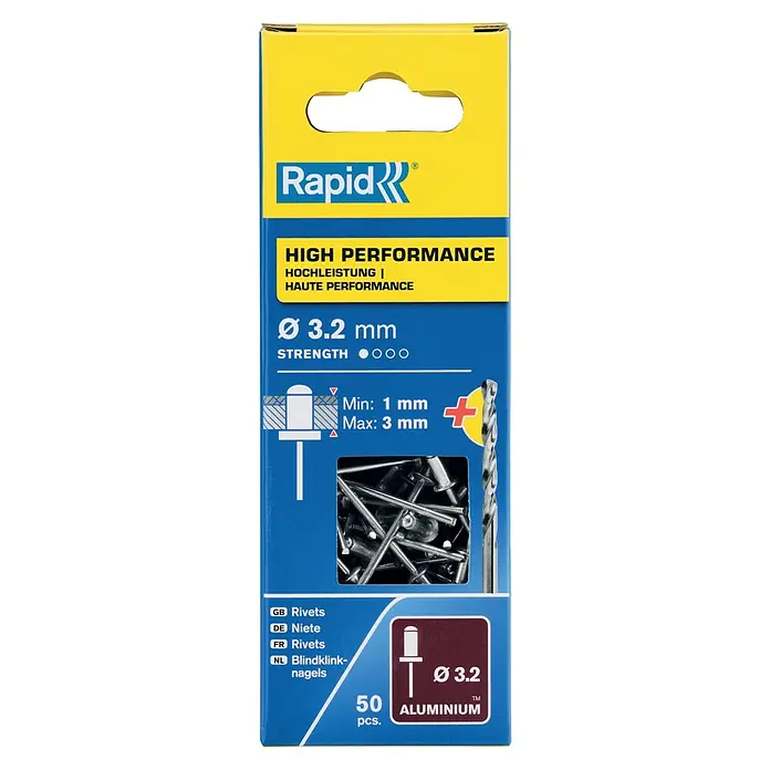 Rapid Blindniete ALU - Nietdurchmesser: 3,2 mm, Nietlänge: 6 mm, 50 Stk. - Packung Rapid Hochleistungs-Blindnieten, 3,2 mm Durchmesser, aus Aluminium, 50 Stück für zuverlässige und dauerhafte Verbindungen.