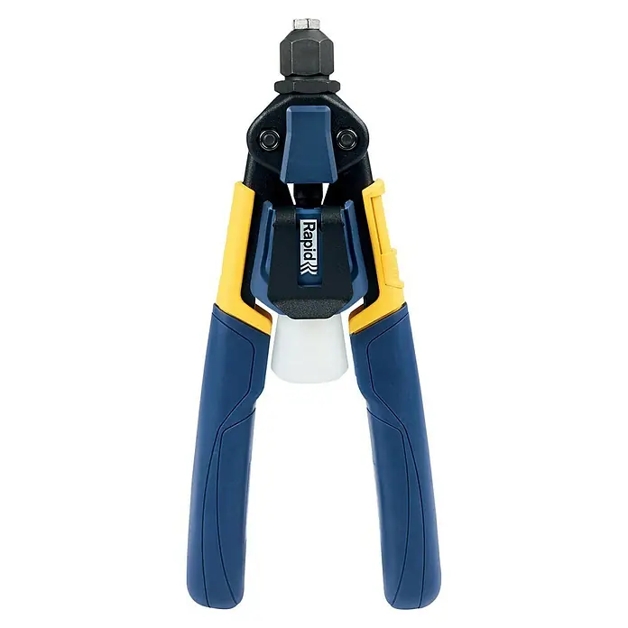 Rapid Blindnietzange RP100 Multi™ - Passend für: Blindniete von 3,2 bis 4,8 mm - Nahaufnahme einer Rapid RP110 Nietmutternzange in Blau und Gelb, ideal für Heimwerker und professionelle Anwendungen.