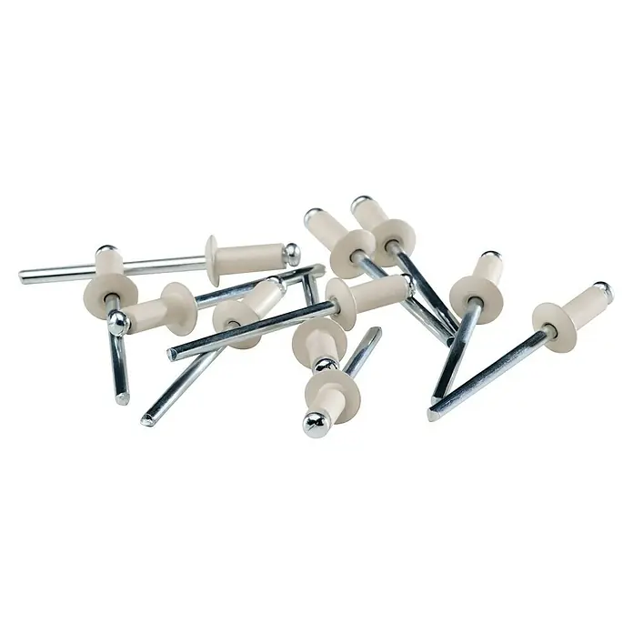 Rapid Blindniete - Nietdurchmesser: 4 mm, Nietlänge: 10 mm, 50 Stk., Cremeweiß - Nahaufnahme von einer Gruppierung elfenbeinfarbener Blindnieten, die ein robustes und verlässliches Befestigungsmaterial für vielfältige Anwendungen darstellen.