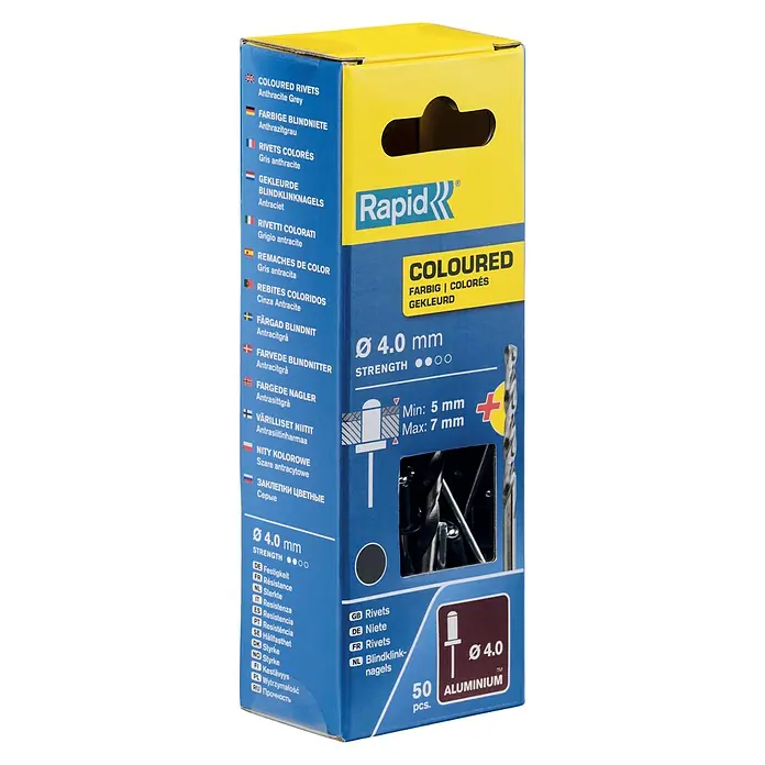 Rapid Remache - Diámetro de remache: 4 mm, Longitud de remache: 10 mm, 50 ud., Gris oscuro - Caja de remaches de colores Rapid Gris antracita, diámetro 4,0 mm, paquete de 50 unidades, ideal para diversas aplicaciones.