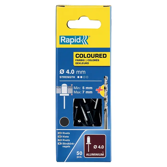 Rapid Blindniete - Nietdurchmesser: 4 mm, Nietlänge: 10 mm, 50 Stk., Anthrazitgrau - Verpackung von Rapid Blindnieten, farbig, Durchmesser 4.0 mm, aus Aluminium, 50 Stück pro Packung, geeignet für Materialstärken von 5-7 mm.