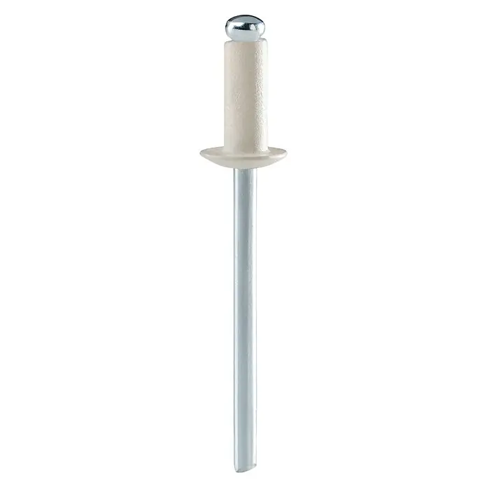 Rapid Blindniete - Nietdurchmesser: 4 mm, Nietlänge: 10 mm, 50 Stk., Cremeweiß - Nahaufnahme einer Popniete mit rundem Kopf und Flachkopf, die für eine starke und zuverlässige Verbindung sorgt.