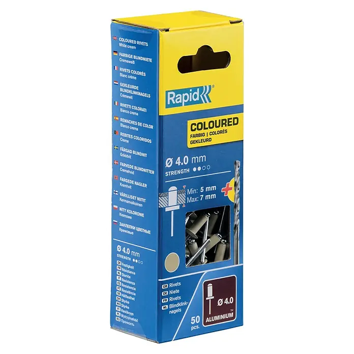 Rapid Remache - Diámetro de remache: 4 mm, Longitud de remache: 10 mm, 50 ud., Beige - Caja de remaches ciegos Rapid, diámetro de 4,0 mm, de color crema, adecuados para grosores de 5-7 mm, 50 unidades de remaches ciegos de aluminio.