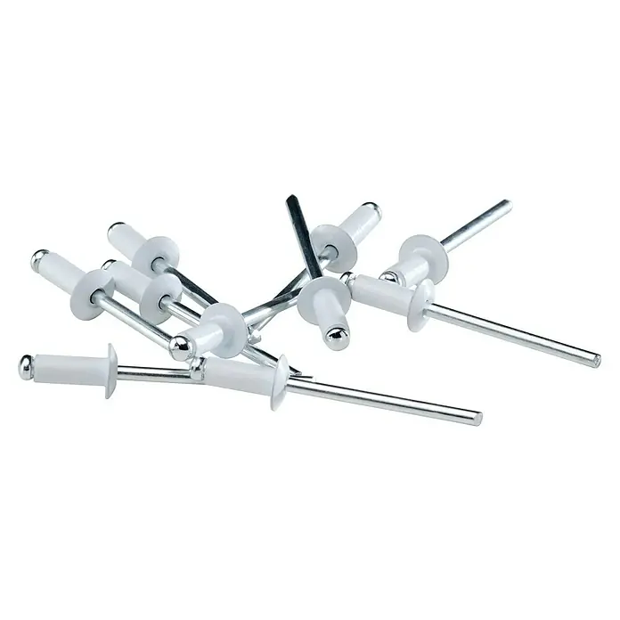 Rapid Blindniete - Nietdurchmesser: 4 mm, Nietlänge: 10 mm, 50 Stk., Weiß - Nahaufnahme von weißen Blindnieten, die auf einem schwarzen Hintergrund verstreut liegen. Befestigungselemente für vielfältige Anwendungen.