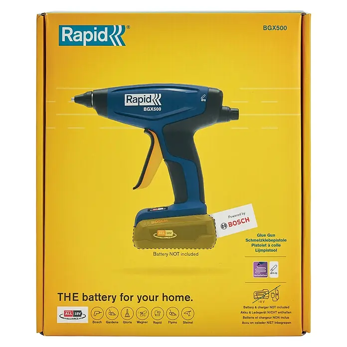 Rapid Power for All 18V Akku-Heißklebepistole BGX500 - 18 V, Ohne Akku, Durchmesser Klebepatrone: 12 mm - Verpackung der Rapid BGX500 Akku-Klebpistole, kompatibel mit Bosch Akkus. Ideal für Heimwerker und Bastelprojekte.