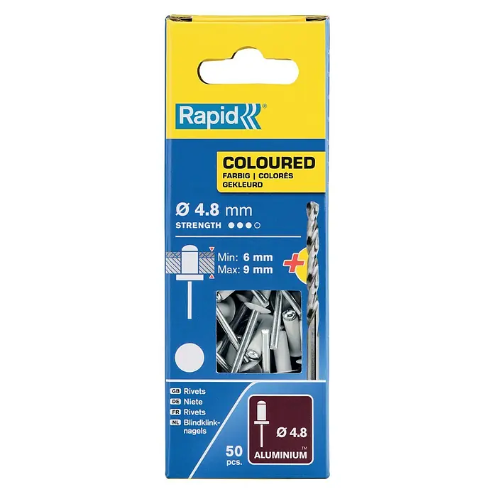 Rapid Blindniete - Nietdurchmesser: 4,8 mm, Nietlänge: 12 mm, 50 Stk., Weiß - Verpackung Rapid Colour Rivets Ø 4.8 mm aus Aluminium mit Bohrer, geeignet für Materialien von 6-9 mm Stärke. Enthält 50 Stück.
