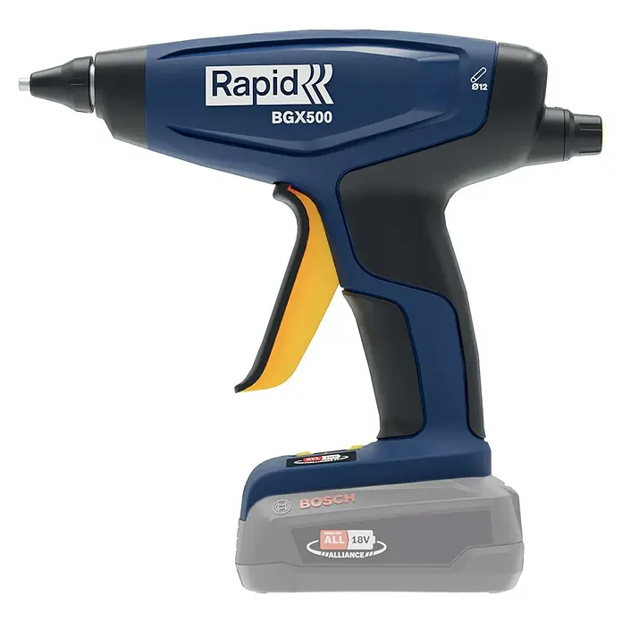 Rapid Power for All 18V Akku-Heißklebepistole BGX500 - 18 V, Ohne Akku, Durchmesser Klebepatrone: 12 mm - Akkubetriebene Rapid BGX500 Klebepistole mit Bosch Akku. Das Gerät ist blau mit gelbem Abzug und schwarzem Griffstück.