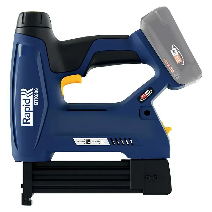 Rapid Power for All 18V Akku-Tacker BTX606 - 18 V, Ohne Akku, Klammertiefe: 12 mm - 25 mm - Nahaufnahme des Rapid BTX606 Akku-Kombitackers, ein Werkzeug für verschiedene Befestigungsarbeiten mit Akkubetrieb für Flexibilität.