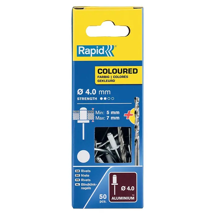 Rapid Blindniete - Nietdurchmesser: 4 mm, Nietlänge: 10 mm, 50 Stk., Weiß - Bild einer Packung Rapid farbiger Blindnieten (Ø 4.0 mm) aus Aluminium, 50 Stück, geeignet für 5-7 mm Materialstärke, inklusive Bohrer.